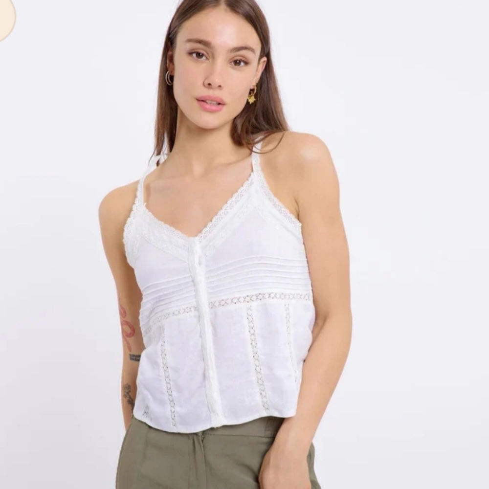 Tank Top Eyelet Lace  White Linen Artlove | Paulette Size 38- Med V Neck NWT